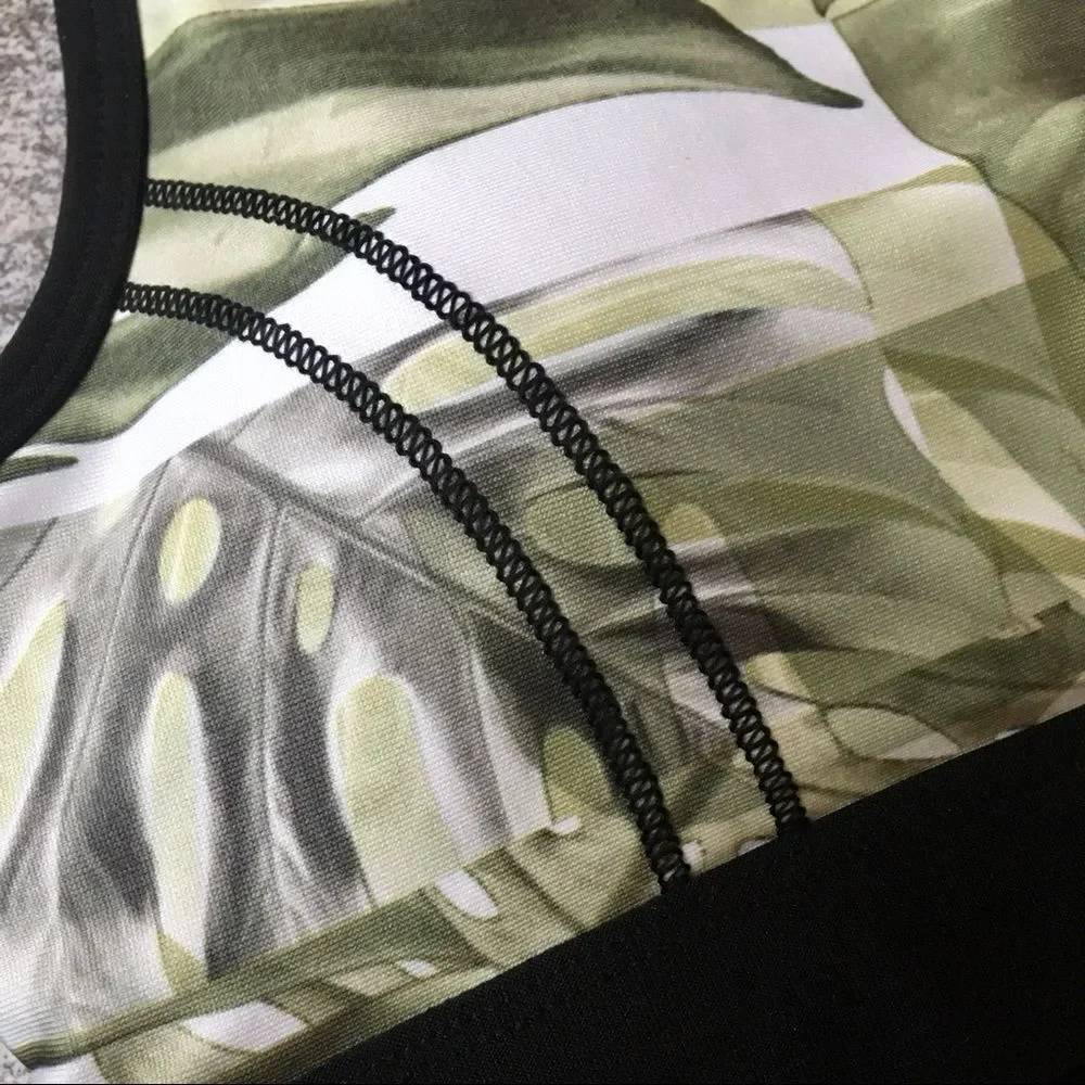 X by Gottex Mesh Contrast Floral Scoop Neck Racerback Sports Bra XS Green Black
